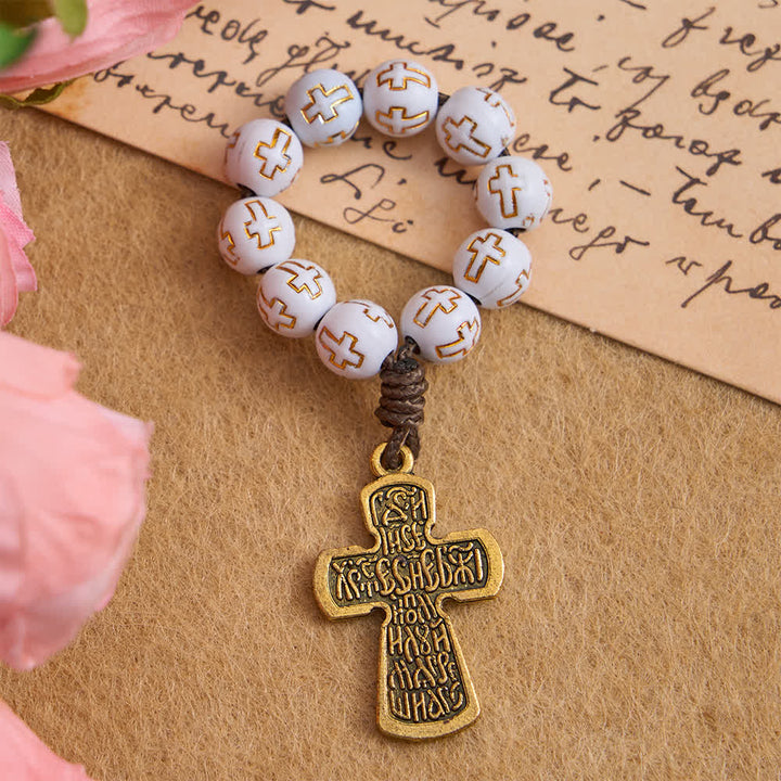 Christianartworkshop Rosenkranz mit weißen Perlen und goldenem Kreuz sowie orthodoxem Kruzifix - image 4