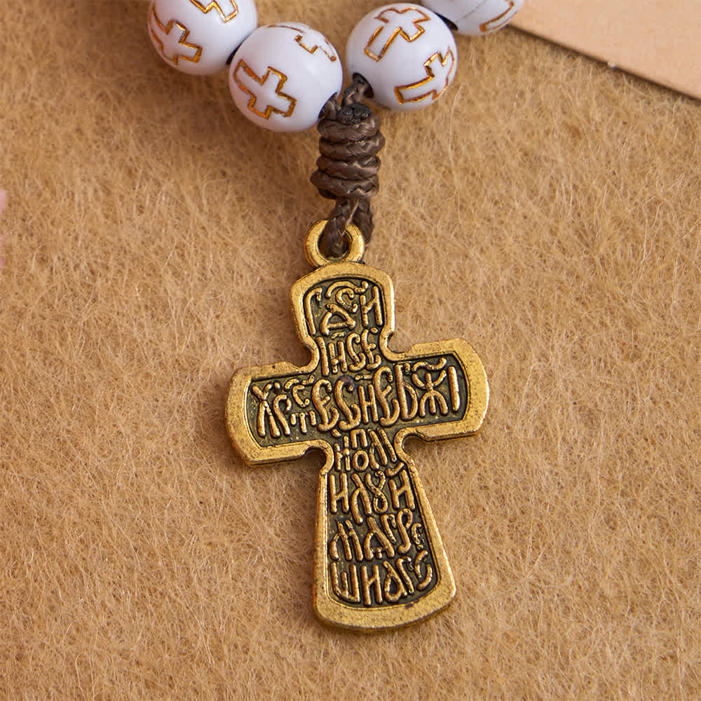Christianartworkshop Rosenkranz mit weißen Perlen und goldenem Kreuz sowie orthodoxem Kruzifix - image 6