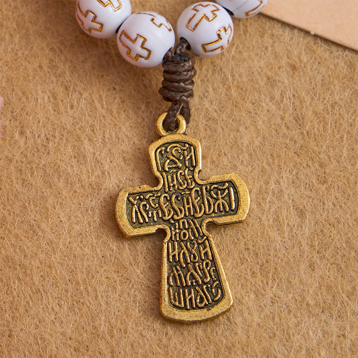 Christianartworkshop Rosenkranz mit weißen Perlen und goldenem Kreuz sowie orthodoxem Kruzifix - image 6