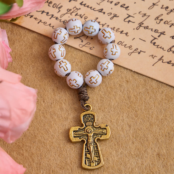 Christianartworkshop Rosenkranz mit weißen Perlen und goldenem Kreuz sowie orthodoxem Kruzifix - 10 Stück - image 0