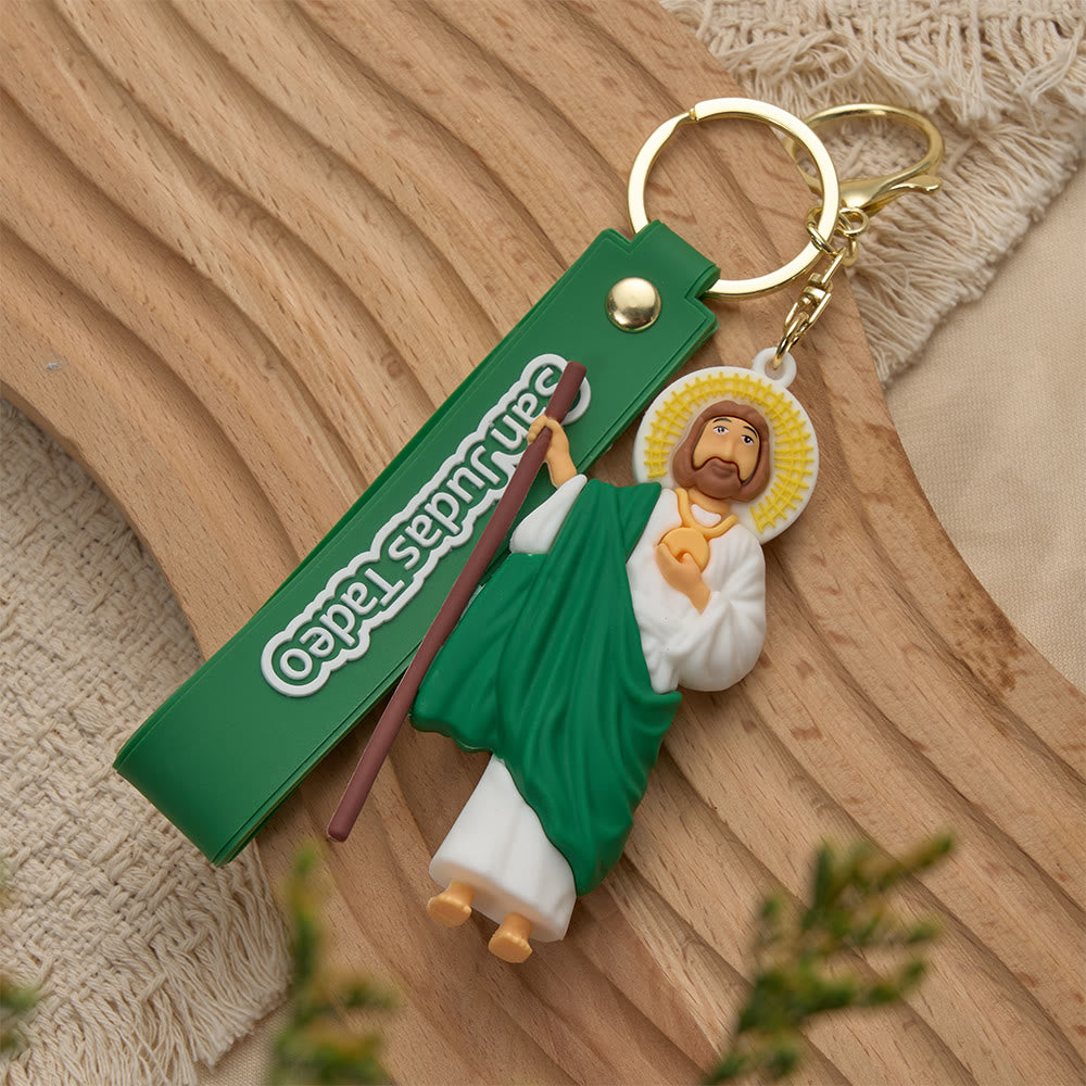 Christianartworkshop Schlüsselanhänger mit Andachtsmotiv Unserer Lieben Frau von Guadalupe und des Heiligen Judas Thaddäus: Symbol des Glaubens und des spirituellen Schutzes - Grüner St. Jude - image 1