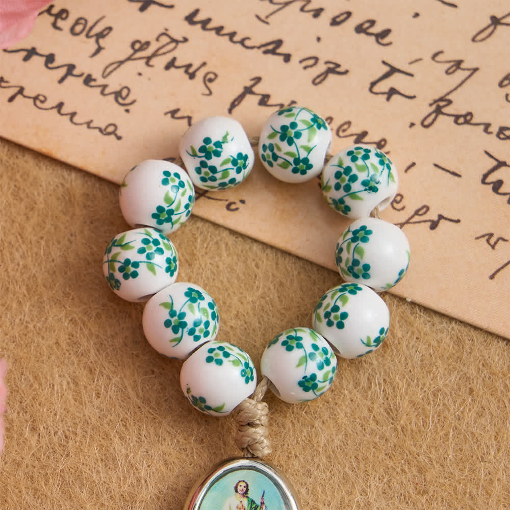 Christianartworkshop Fingerrosenkranz aus grüner Keramik mit Blumenmuster und St.-Judas-Medaille - image 4
