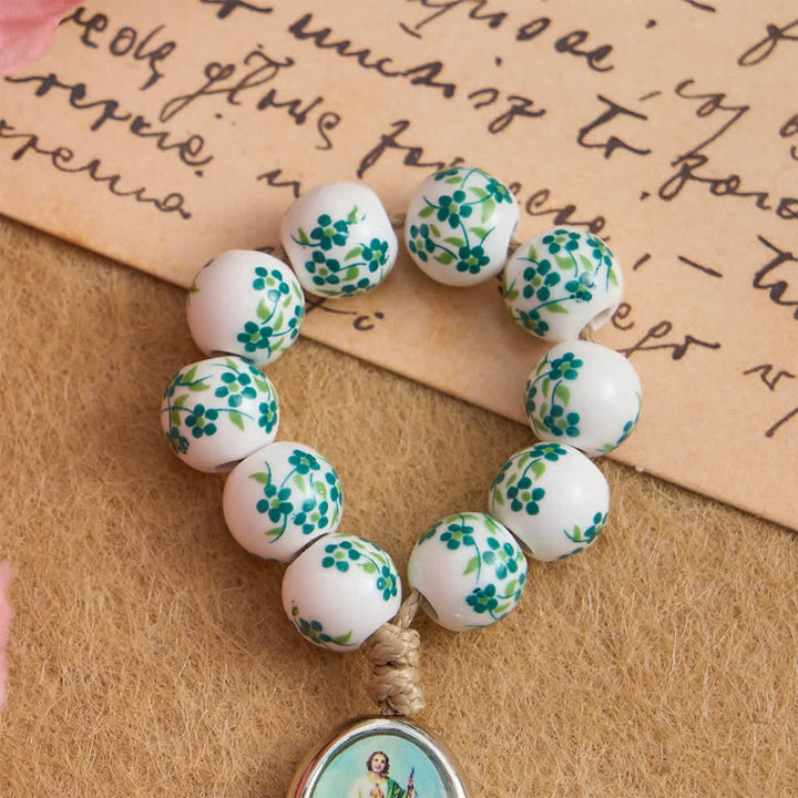 Christianartworkshop Fingerrosenkranz aus grüner Keramik mit Blumenmuster und St.-Judas-Medaille - image 4