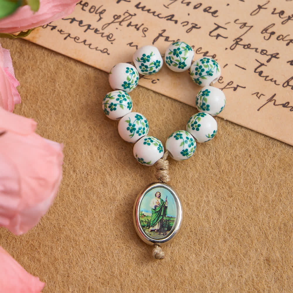 Christianartworkshop Fingerrosenkranz aus grüner Keramik mit Blumenmuster und St.-Judas-Medaille - 10 Stück - image 0