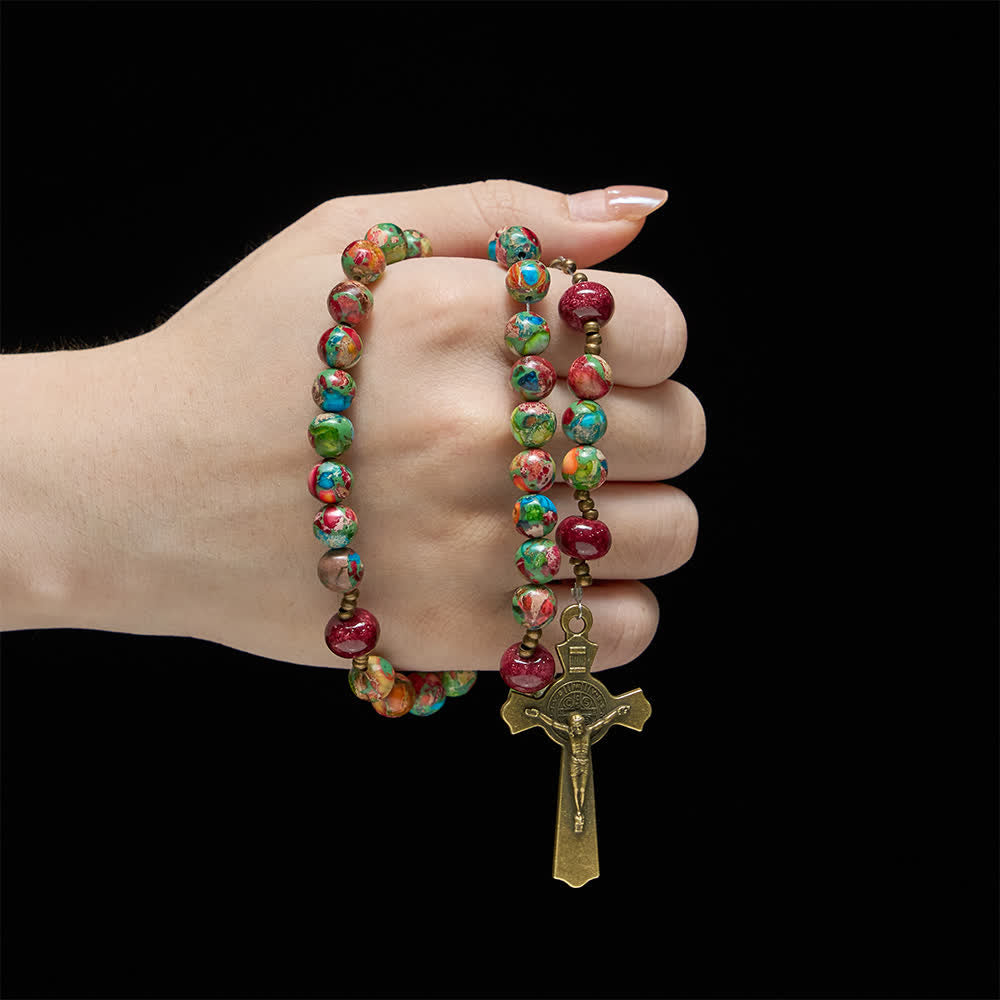 Christianartworkshop Vintage, farbenfroher Rosenkranz aus Kaiserstein mit Marienmedaille und antikem Kreuz - image 1