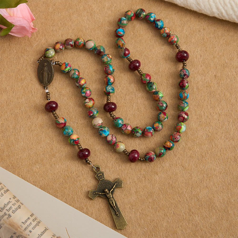 Christianartworkshop Vintage, farbenfroher Rosenkranz aus Kaiserstein mit Marienmedaille und antikem Kreuz - Unsere Liebe Frau und das Kruzifix - image 0