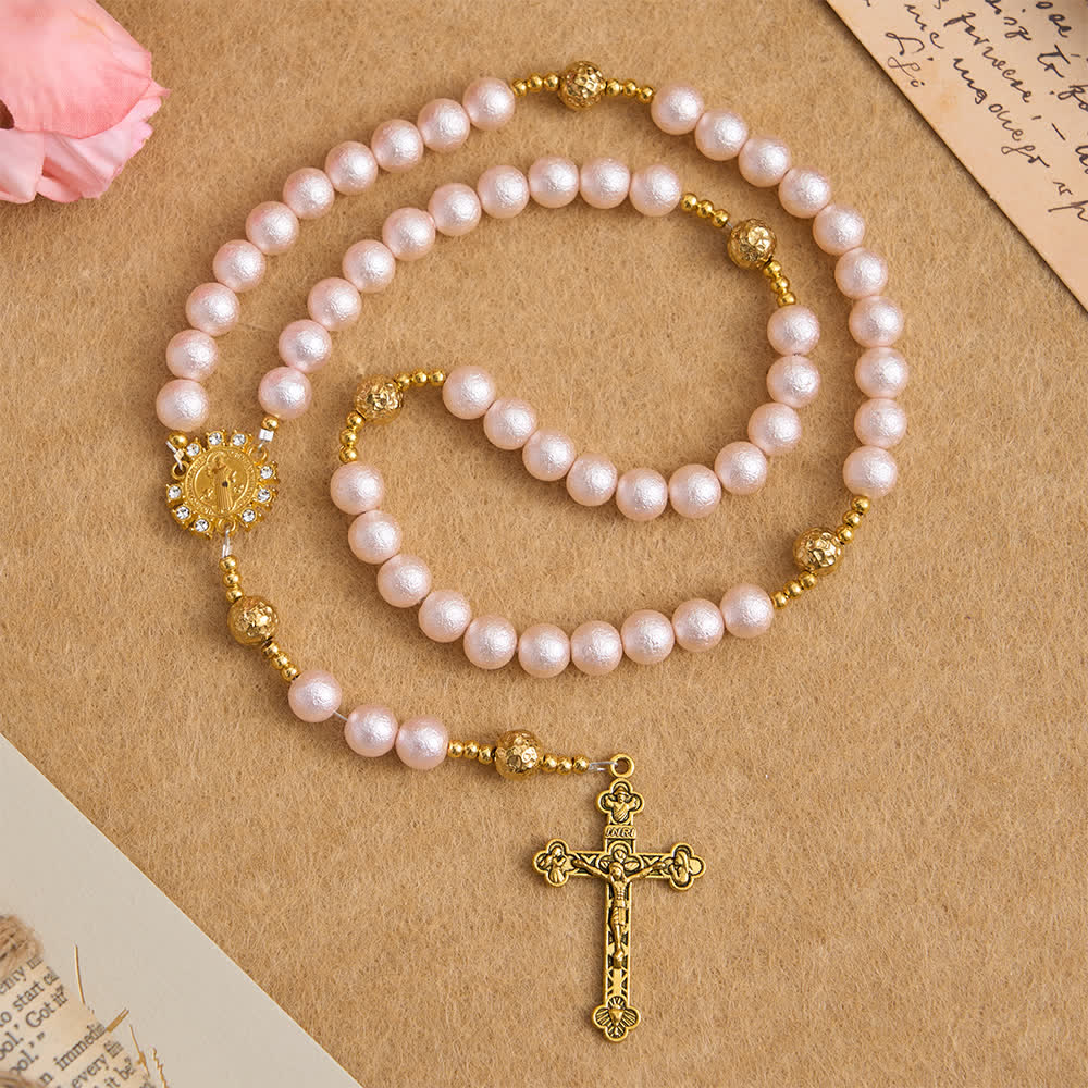 Christianartworkshop Vintage-Rosenkranz in Rosa und Gold mit St.-Benedikt-Medaille - Der heilige Benedikt und das Kruzifix - image 0