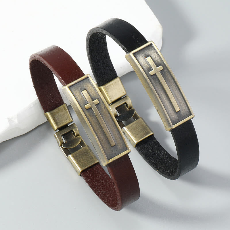 Christianartworkshop Vintage-Lederarmband mit Kreuz und antiker Metallplakette: Ein Symbol unerschütterlichen Glaubens - image 0