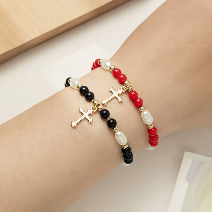 Christianartworkshop Stapelbares Perlenkreuz-Armband-Duo: Ein Symbol für unerschütterlichen Glauben und vielseitige Schönheit - Rot & Schwarz - image 5