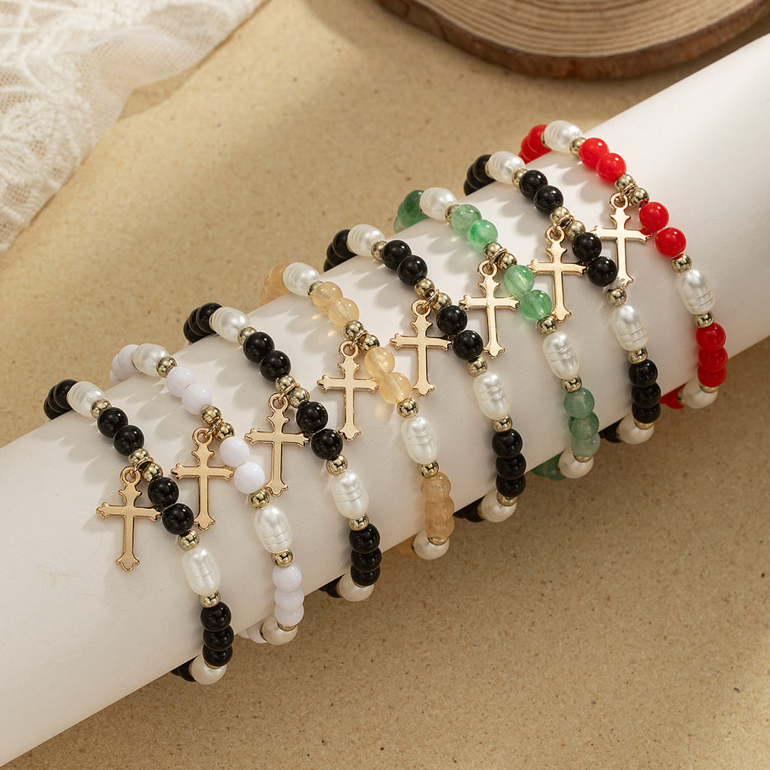 Christianartworkshop Stapelbares Perlenkreuz-Armband-Duo: Ein Symbol für unerschütterlichen Glauben und vielseitige Schönheit - image 1