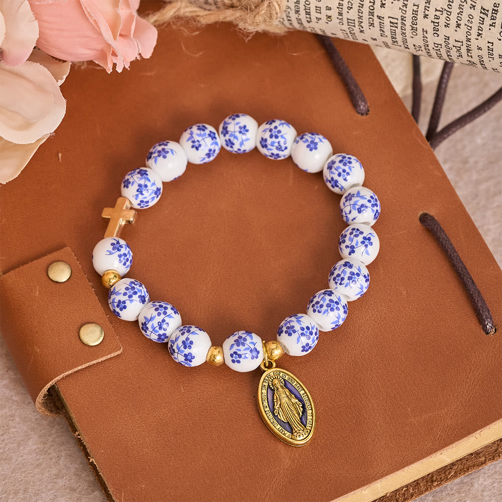 Christianartworkshop Vintage-Armband aus Keramikperlen mit Blumenmuster, Kreuz und Marienmedaille: Eine Erinnerung an die göttliche Gnade - Golden - image 0
