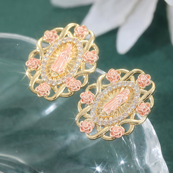 Christianartworkshop Prunkvolle Marienohrstecker mit rosa Rosen und Zirkonia-Halo: Ein Symbol der Hingabe - Oval - image 0