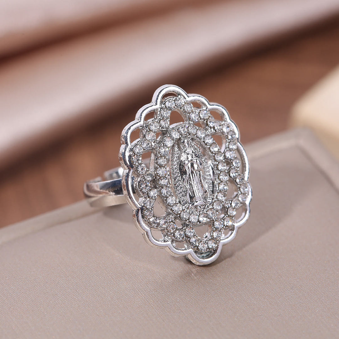 Christianartworkshop Aufwendig verzierter Marienring mit Zirkonia-Halo und Spitzenrand: Ein Symbol der Hingabe - Silber - image 4