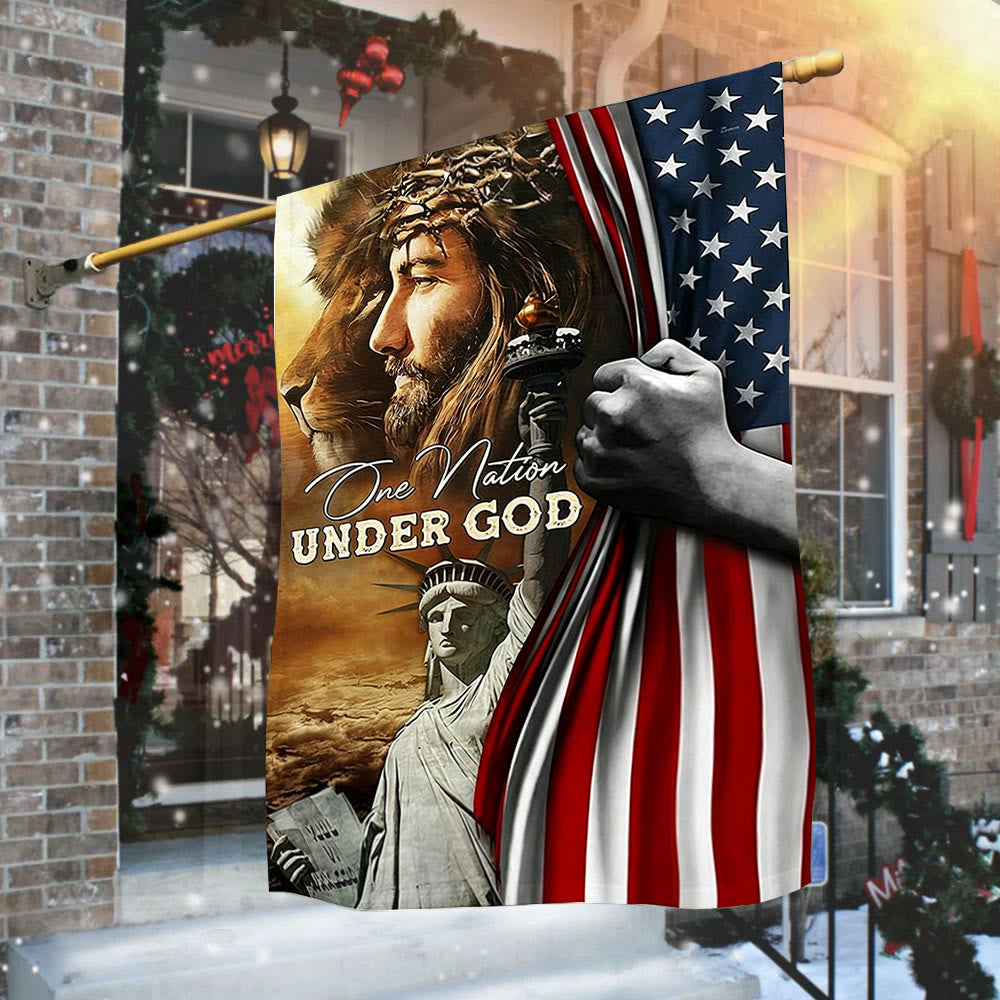 Christianartworkshop Eine Nation unter Gott Jesus Löwe Freiheitsflagge: Ein Zeichen des Glaubens und des Patriotismus - image 1