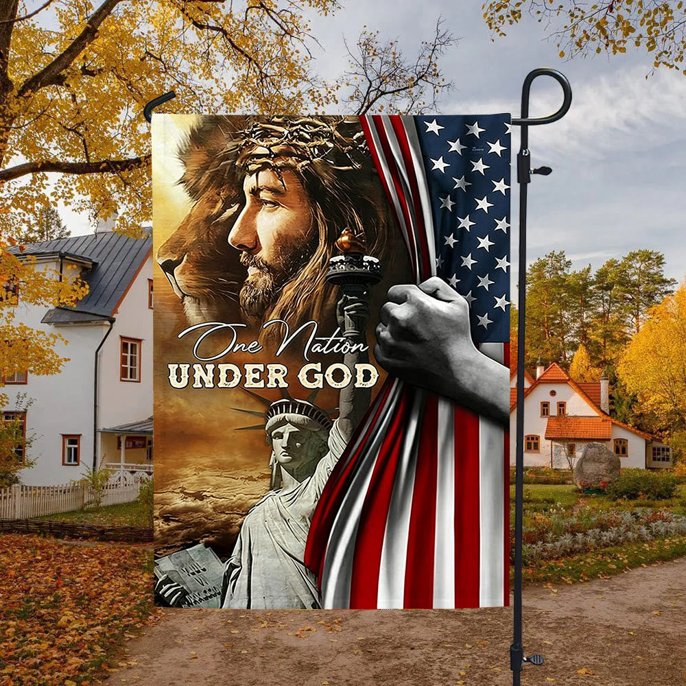 Christianartworkshop Eine Nation unter Gott Jesus Löwe Freiheitsflagge: Ein Zeichen des Glaubens und des Patriotismus - 90×150 cm (3×5 Fuß) - image 0