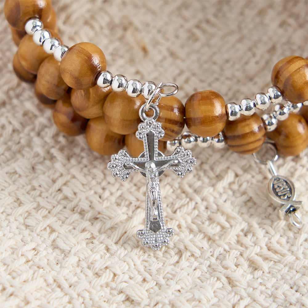 Christianartworkshop Rosenkranzarmband aus natürlichem Olivenholz mit Memory-Draht, verziert mit Ichthys und Kruzifix - image 9