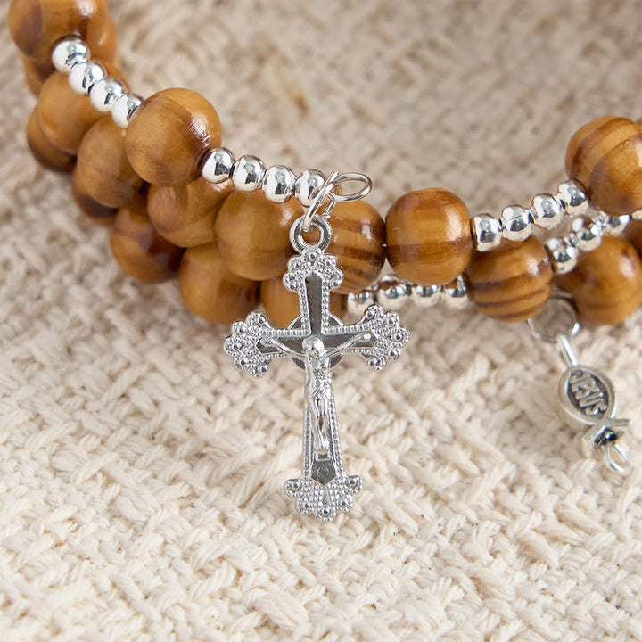 Christianartworkshop Rosenkranzarmband aus natürlichem Olivenholz mit Memory-Draht, verziert mit Ichthys und Kruzifix - image 9