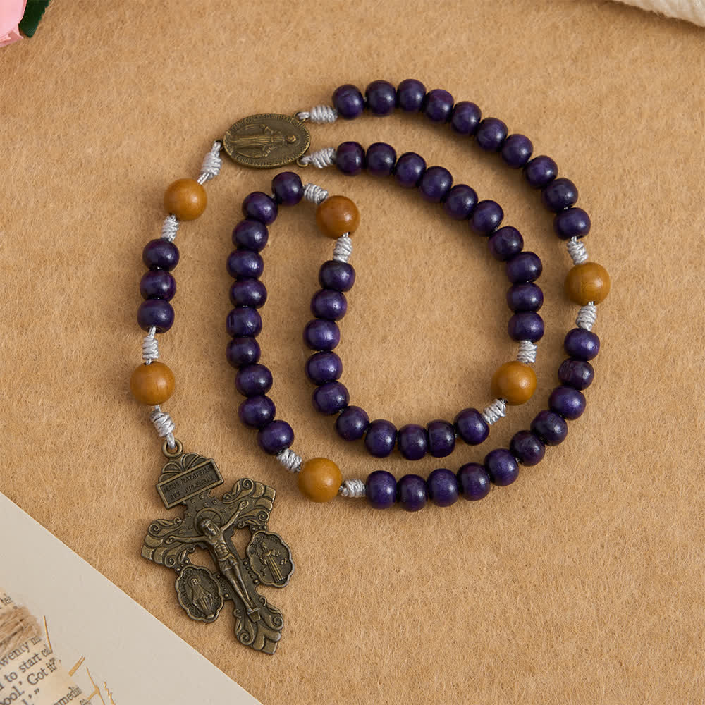 Christianartworkshop Rosenkranz aus tiefviolettem Ahorn- und Pfirsichholz mit Wundermedaille für den friedvollen Schutz - image 4