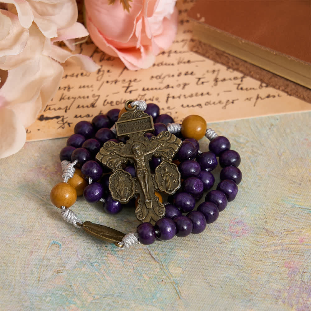 Christianartworkshop Rosenkranz aus tiefviolettem Ahorn- und Pfirsichholz mit Wundermedaille für den friedvollen Schutz - image 2