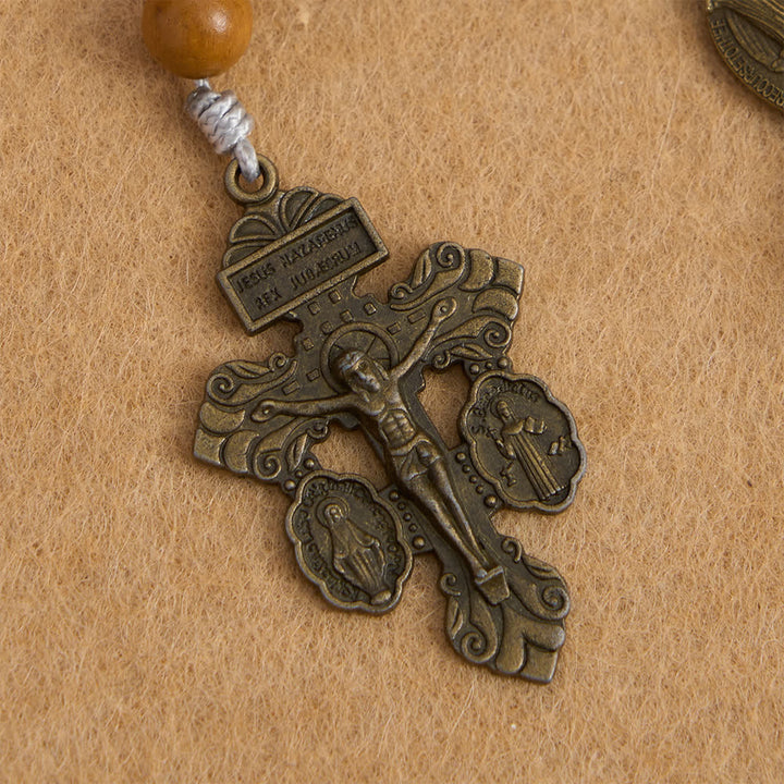 Christianartworkshop Rosenkranz aus tiefviolettem Ahorn- und Pfirsichholz mit Wundermedaille für den friedvollen Schutz - image 7