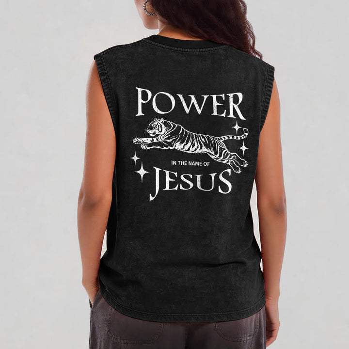 Christianartworkshop Power In The Name Of Jesus Tiger Washed Tank Top - image 2