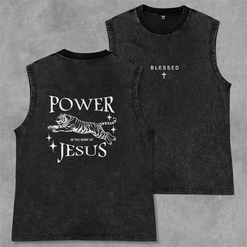 Christianartworkshop Power In The Name Of Jesus Tiger Washed Tank Top - Schwarz - 2XL - image 0