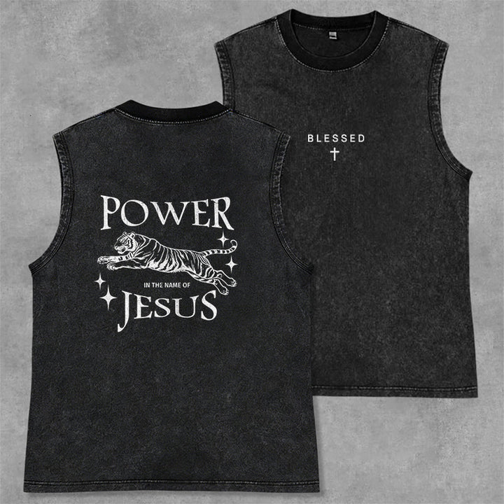Christianartworkshop Power In The Name Of Jesus Tiger Washed Tank Top - Schwarz - 2XL - image 0
