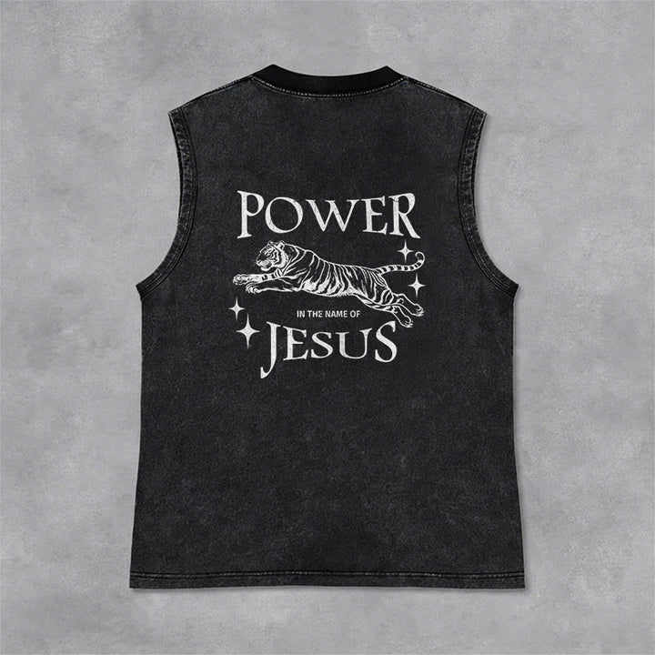 Christianartworkshop Power In The Name Of Jesus Tiger Washed Tank Top - image 3