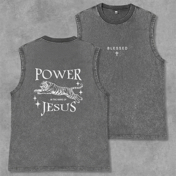 Christianartworkshop Power In The Name Of Jesus Tiger Washed Tank Top - Grau - 2XL - image 14