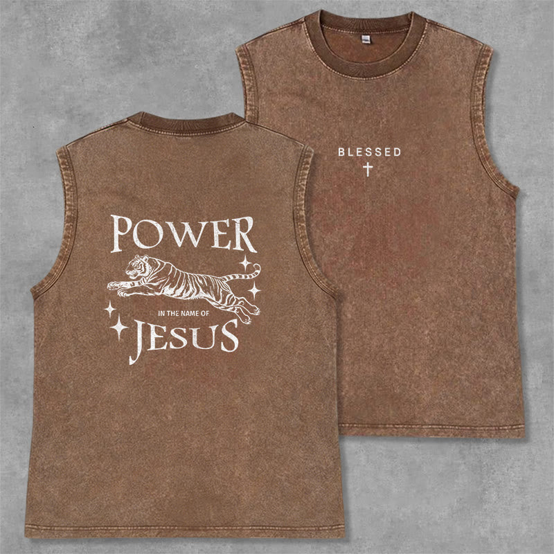 Christianartworkshop Power In The Name Of Jesus Tiger Washed Tank Top - Braun - 2XL - image 21