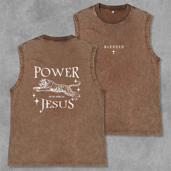 Christianartworkshop Power In The Name Of Jesus Tiger Washed Tank Top - Braun - 2XL - image 21