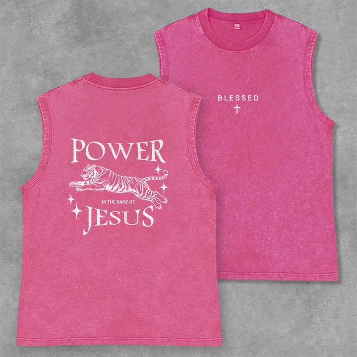 Christianartworkshop Power In The Name Of Jesus Tiger Washed Tank Top - Rosa - 2XL - image 28