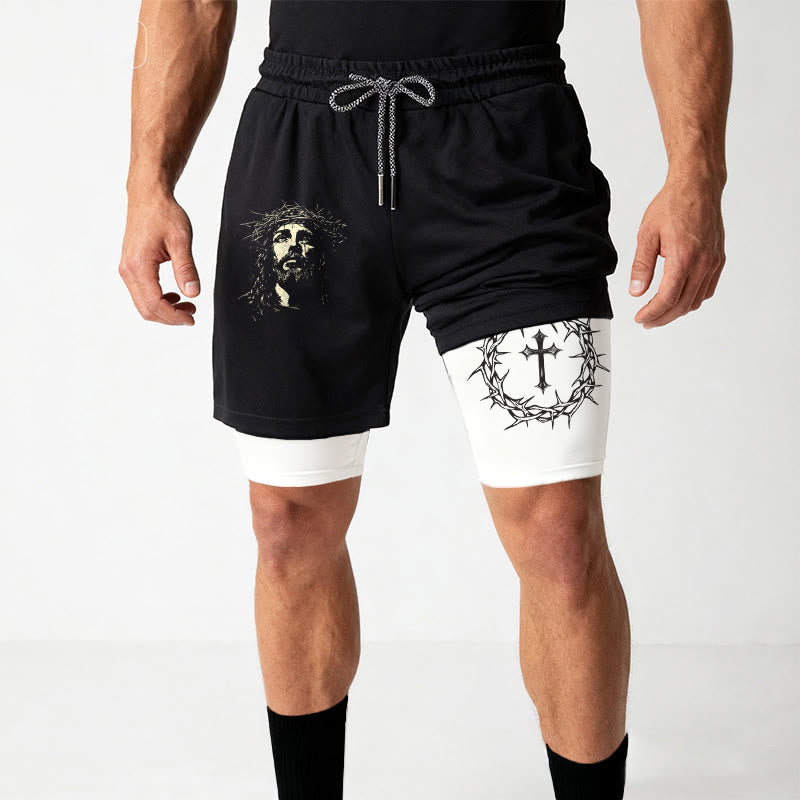 Christianartworkshop Jesus & Dornenkrone Kreuz Performance Layered Shorts - image 2