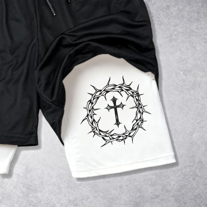 Christianartworkshop Jesus & Dornenkrone Kreuz Performance Layered Shorts - image 6