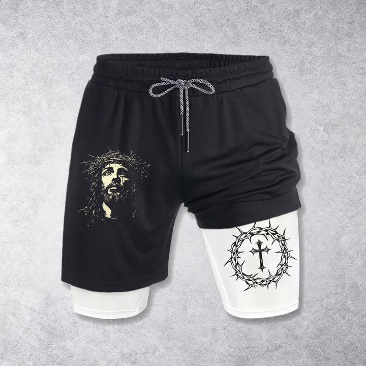 Christianartworkshop Jesus & Dornenkrone Kreuz Performance Layered Shorts - Weiß - 3XL - image 0