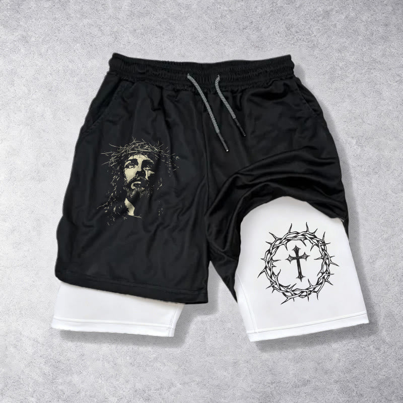 Christianartworkshop Jesus & Dornenkrone Kreuz Performance Layered Shorts - image 1