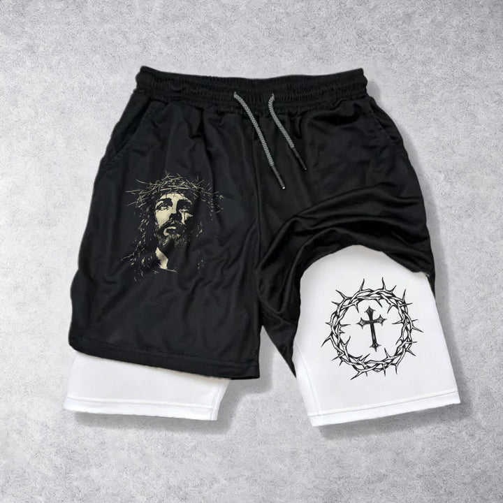 Christianartworkshop Jesus & Dornenkrone Kreuz Performance Layered Shorts - image 1
