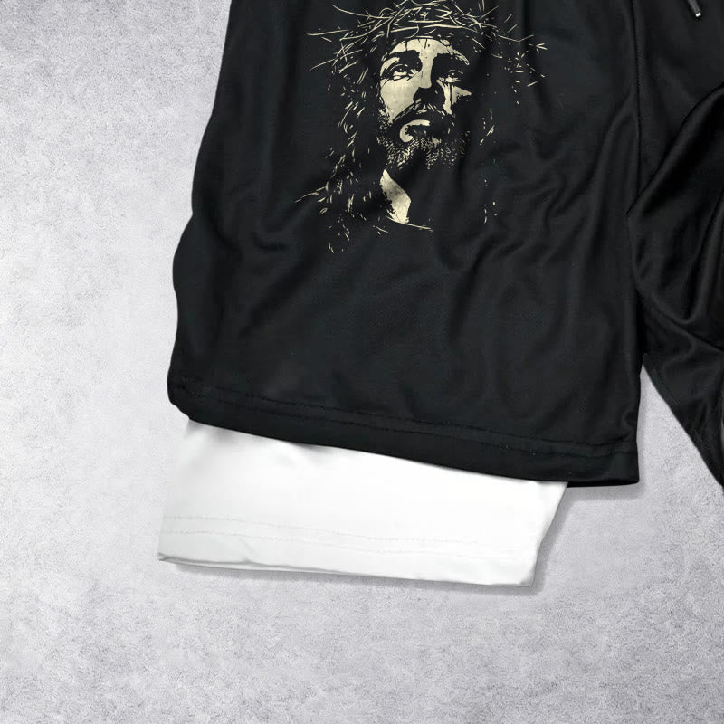 Christianartworkshop Jesus & Dornenkrone Kreuz Performance Layered Shorts - image 5