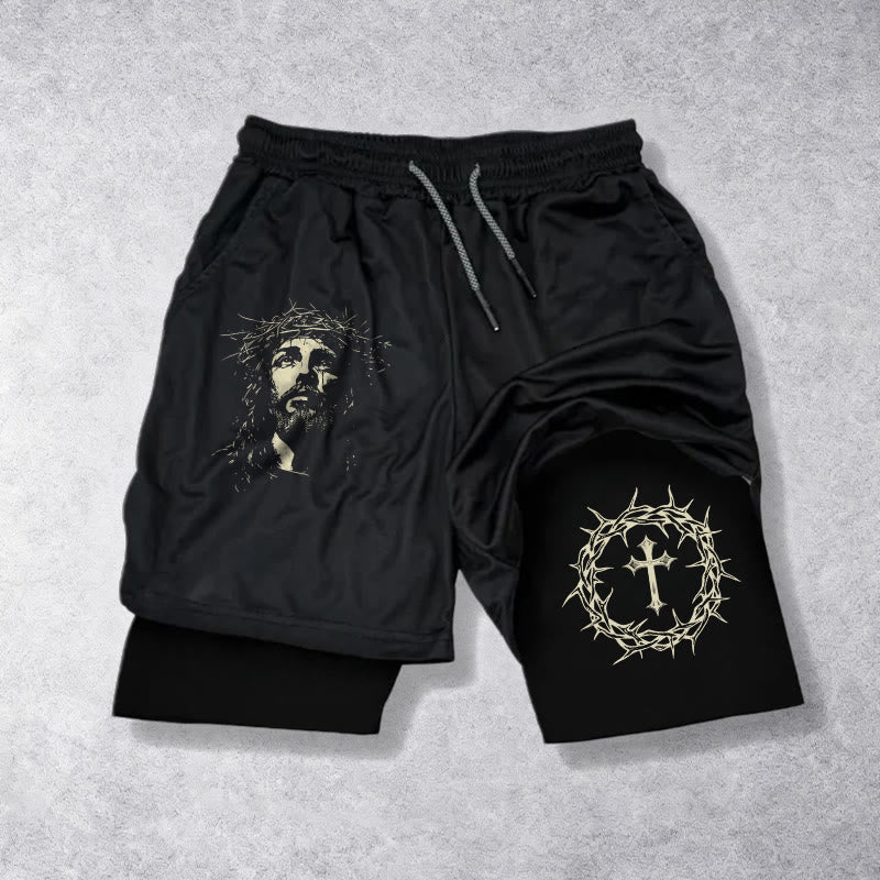 Christianartworkshop Jesus & Dornenkrone Kreuz Performance Layered Shorts - image 10
