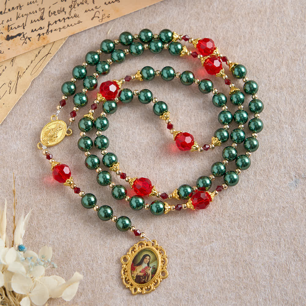 Christianartworkshop Vintage-Rosenkranz mit dunkelgrüner St.-Therese-Medaille und rubinroten Akzenten - Unsere Liebe Frau und das Kruzifix - image 0