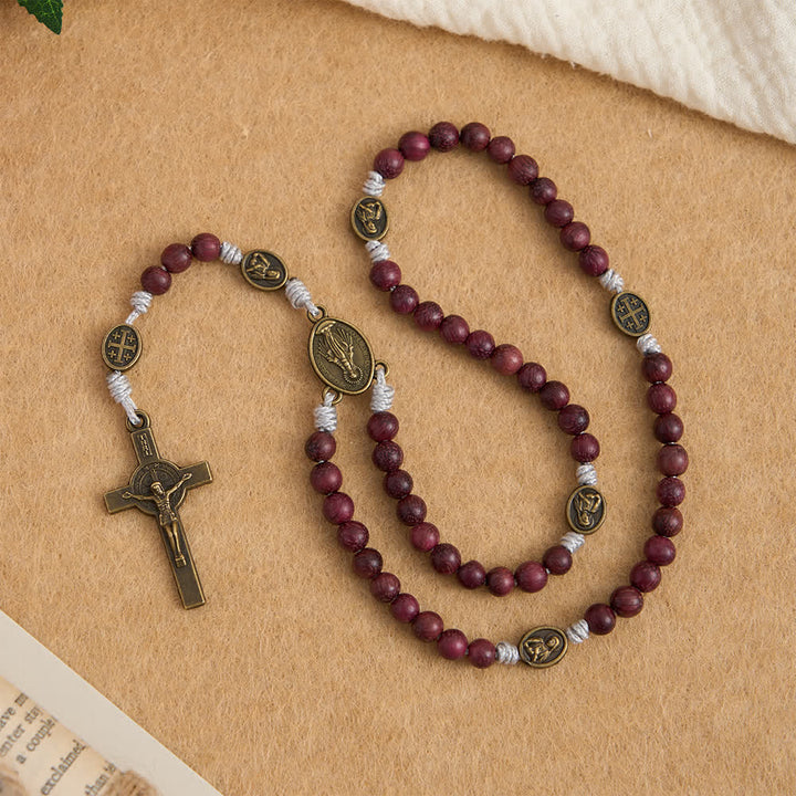 Christianartworkshop Rosenkranz Unserer Lieben Frau aus Purpurherzholz mit bronzenem Andachtszeichen - Unsere Liebe Frau und das Kruzifix - image 0