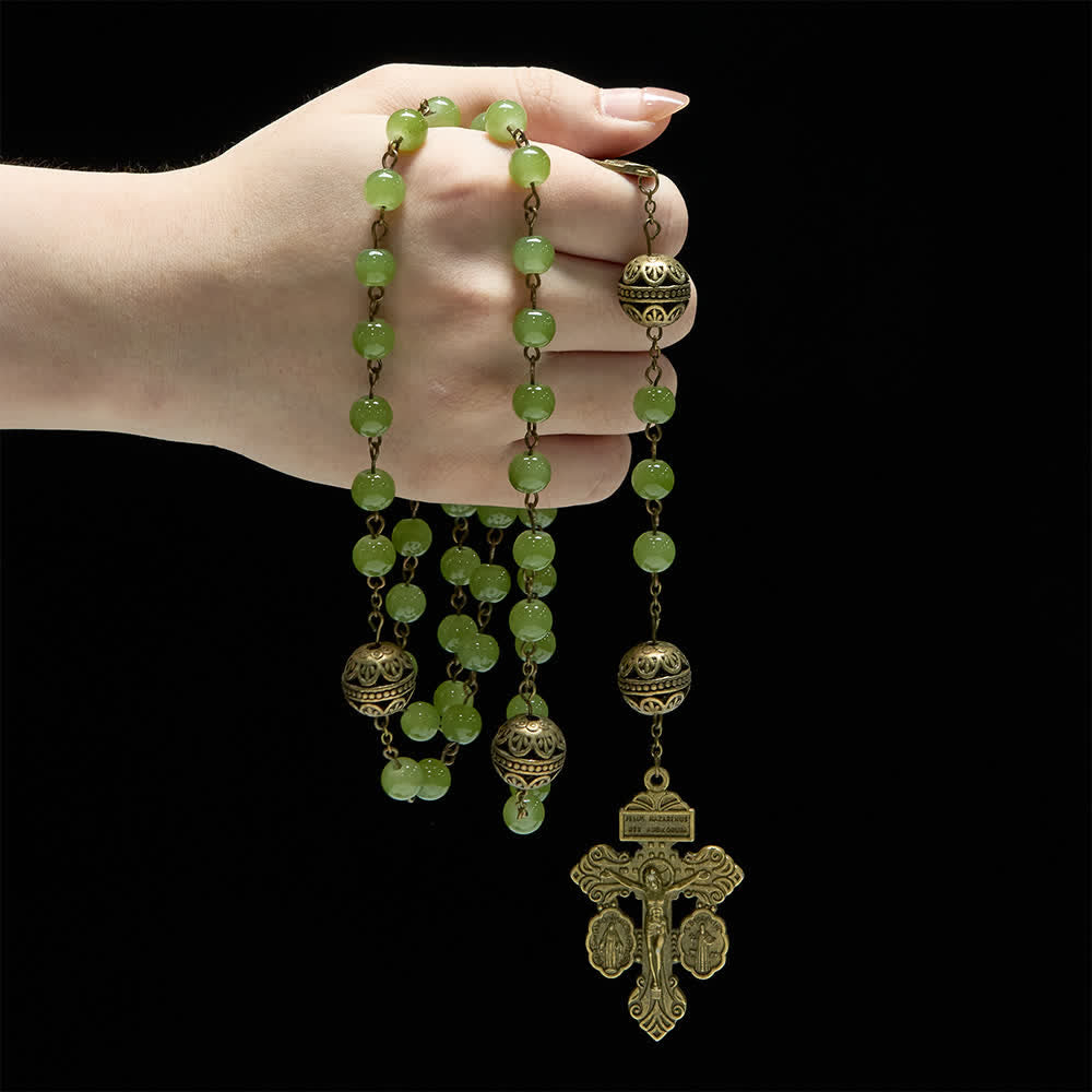 Christianartworkshop Rosenkranz aus filigranem Bronze- und olivgrünem Glas mit Marienmotiv - image 1