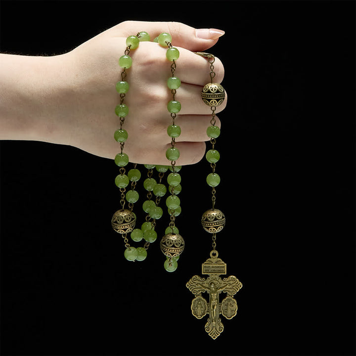 Christianartworkshop Rosenkranz aus filigranem Bronze- und olivgrünem Glas mit Marienmotiv - image 1