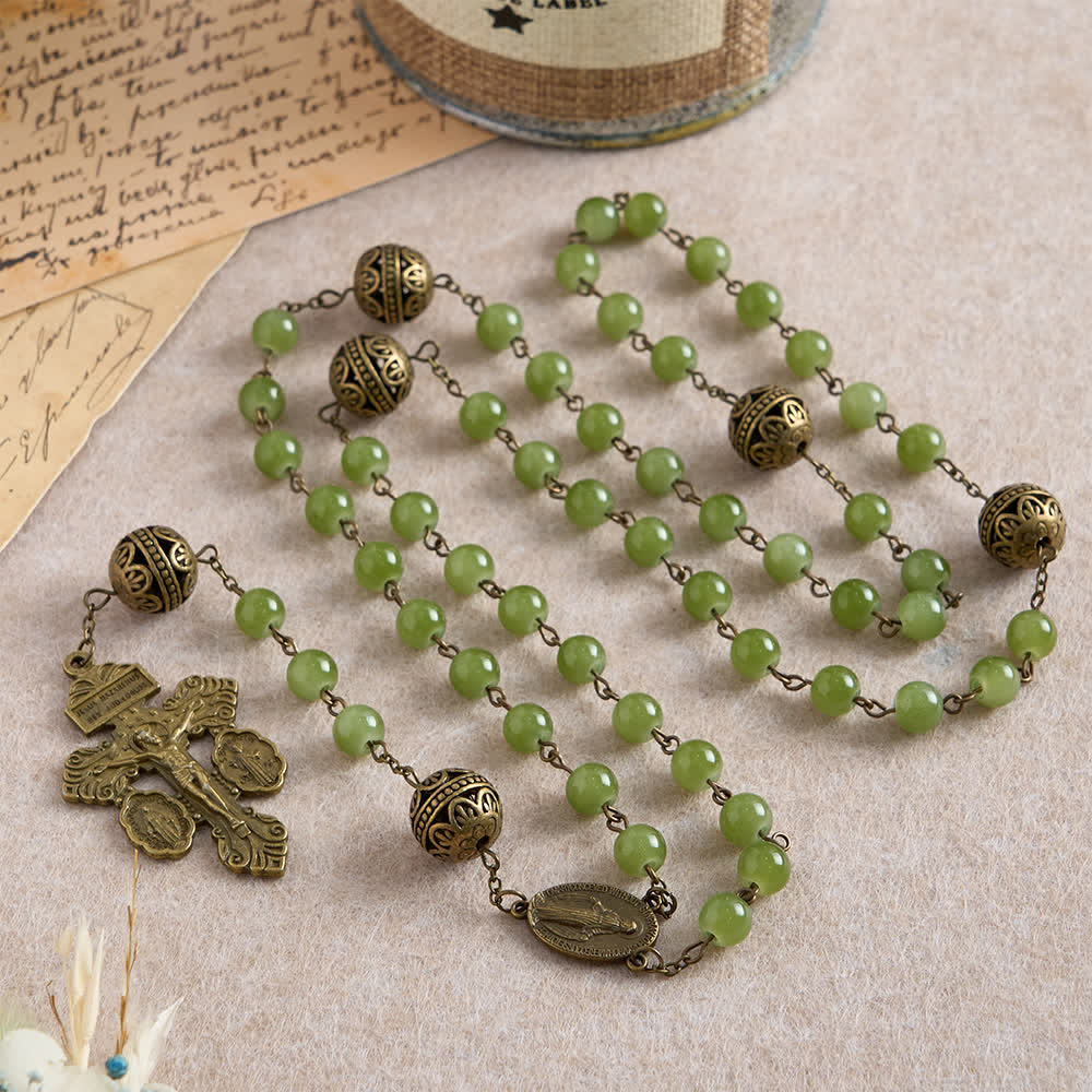 Christianartworkshop Rosenkranz aus filigranem Bronze- und olivgrünem Glas mit Marienmotiv - image 3