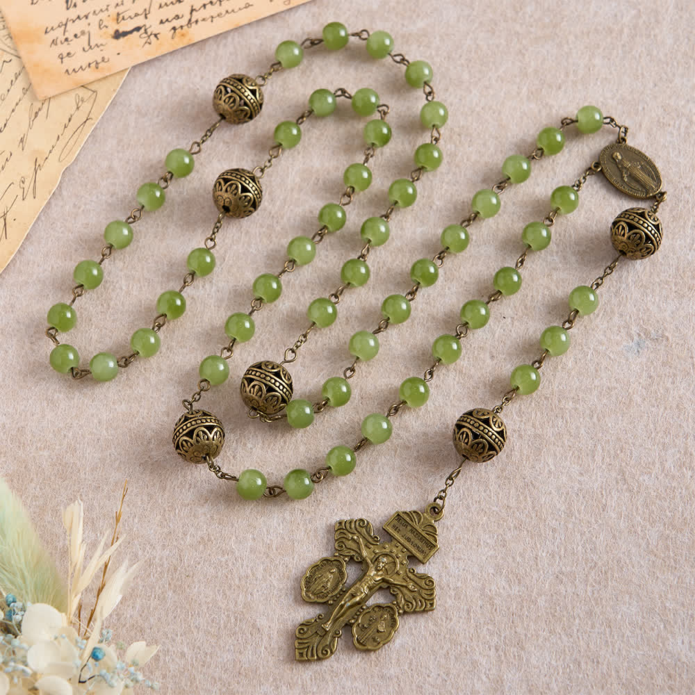 Christianartworkshop Rosenkranz aus filigranem Bronze- und olivgrünem Glas mit Marienmotiv - image 4