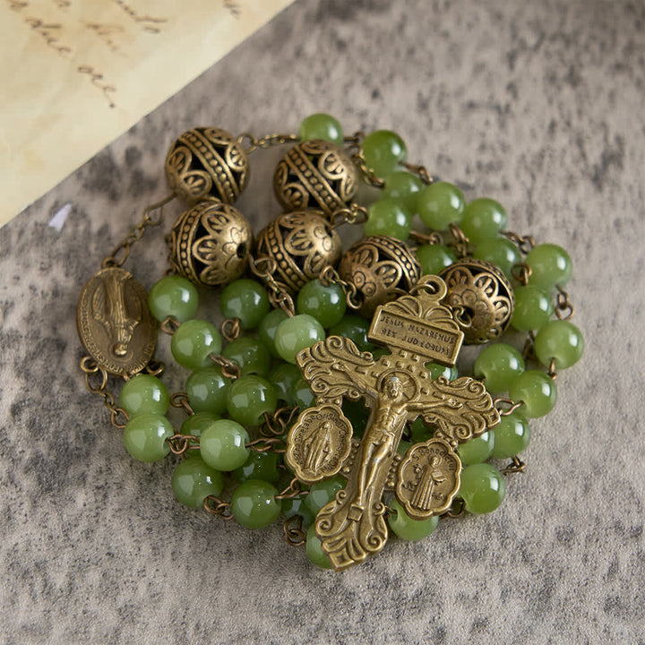 Christianartworkshop Rosenkranz aus filigranem Bronze- und olivgrünem Glas mit Marienmotiv - image 2