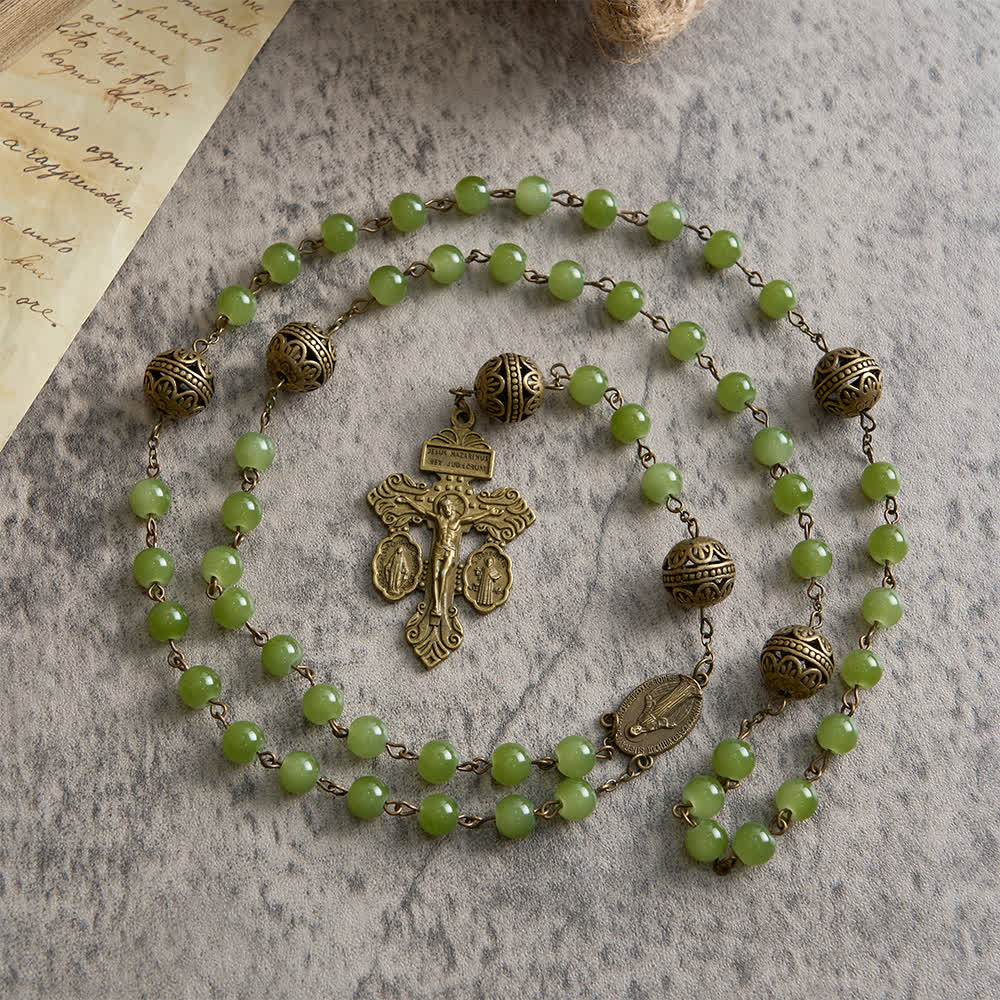 Christianartworkshop Rosenkranz aus filigranem Bronze- und olivgrünem Glas mit Marienmotiv - image 5