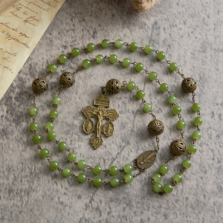 Christianartworkshop Rosenkranz aus filigranem Bronze- und olivgrünem Glas mit Marienmotiv - image 5