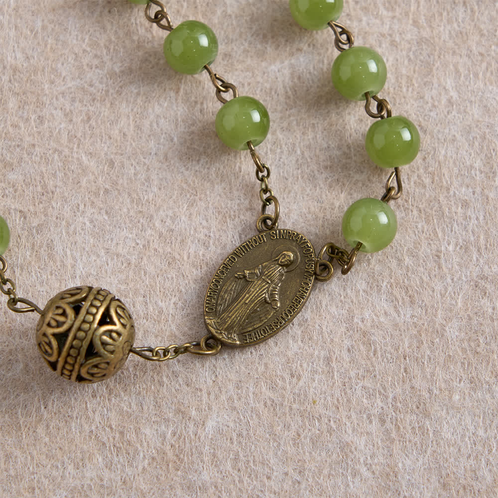 Christianartworkshop Rosenkranz aus filigranem Bronze- und olivgrünem Glas mit Marienmotiv - image 8