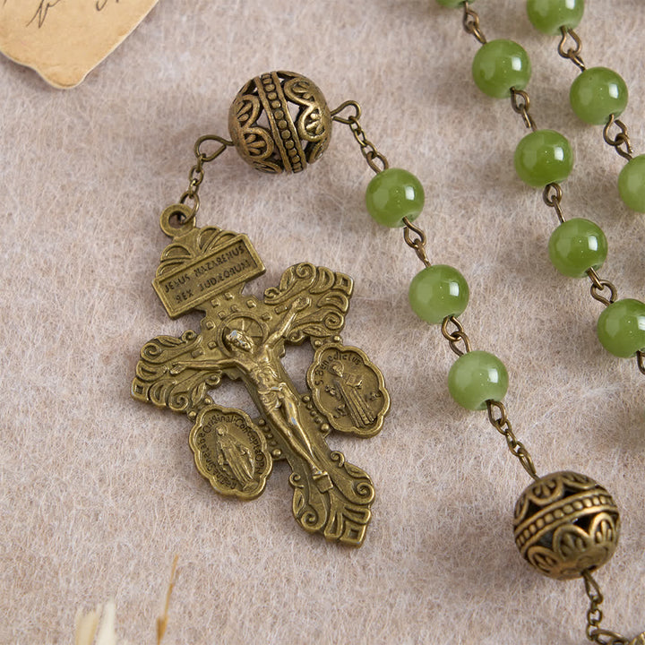 Christianartworkshop Rosenkranz aus filigranem Bronze- und olivgrünem Glas mit Marienmotiv - image 7